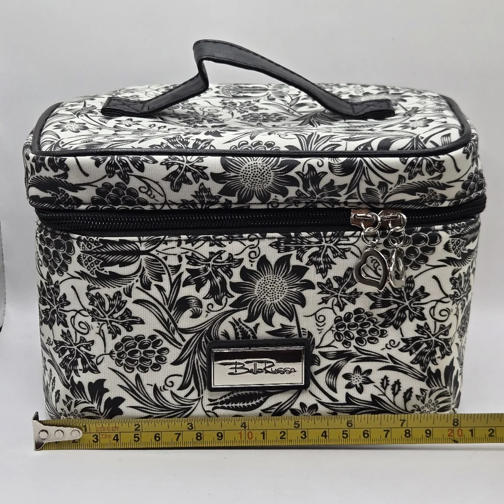 Bella Russo Makeup Bag Black & White Floral Design Zipper Closure Top Handle